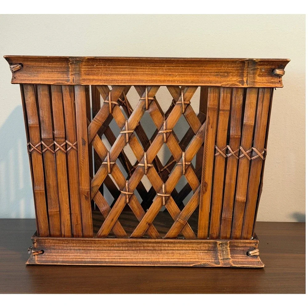 Vintage Bamboo Lattice Storage Crate Dark Brown Woven Basket Handles 15x9x12